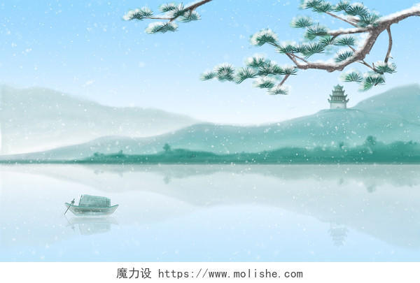 中式古风山水松树雪景背景插画古风松树插画